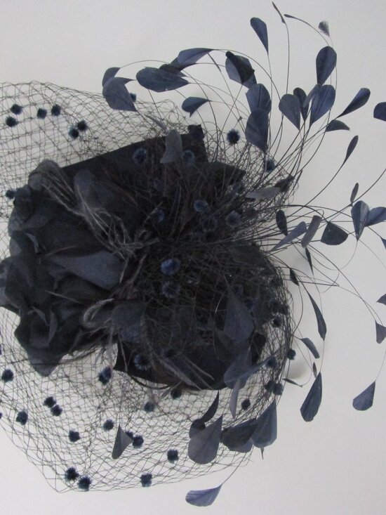 Flocked Veiled Cocktail Hat Silk Flower Feather Navy Wedding main image 5
